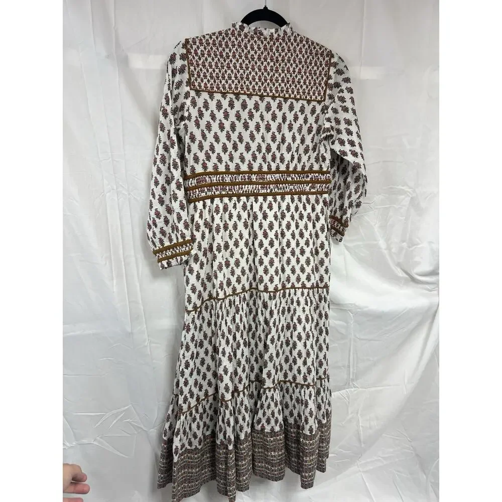 Veronica Beard Midi Dress Alessandra 0 XS White Floral Block Print Boho Cotton